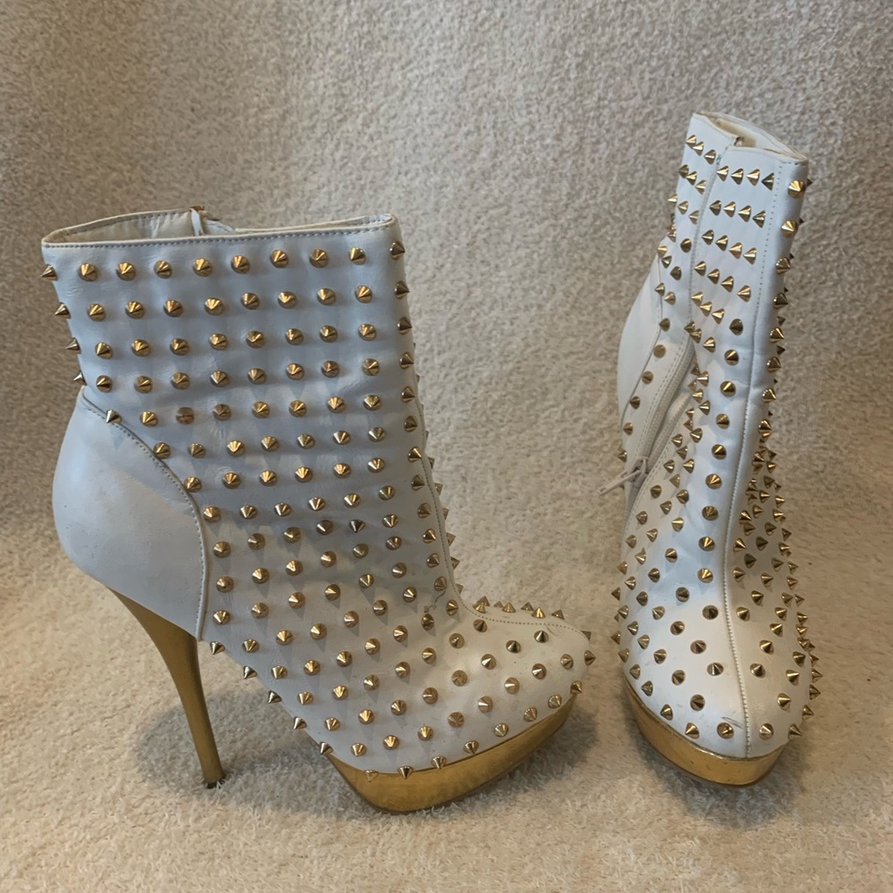 Studded White and Gold Ankle Boots